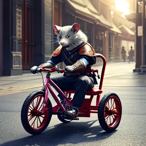 Prompt: a human mouse in [samurai armor] sitting on a little tricycle in the city, photo, glowing grey, highly detailed, detailed face, thick, full body, 2 legs, perfect composition, beautiful detailed intricate insanely detailed octane render trending on artstation, 8 k artistic photography, photorealistic concept art, soft natural volumetric cinematic perfect light, chiaroscuro, award - winning photograph, masterpiece, oil on canvas, raphael, caravaggio, greg rutkowski, beeple, beksinski, giger