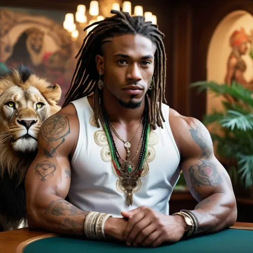 Prompt: Tall black  young muscles green eyes native Boss leader with jewls fit for a prince, all white on and dreads with a lion tattoo on his chest. Seated at a conference table with his native warriors dressed standing guard 