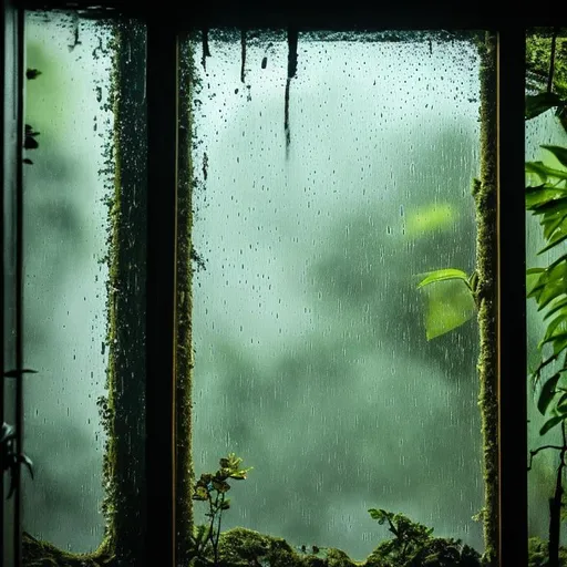 Prompt: rain, forest, window