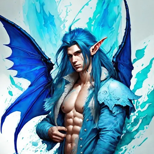 Prompt: Big Blue Dragon wings on an elf man with long Azure hair and fire