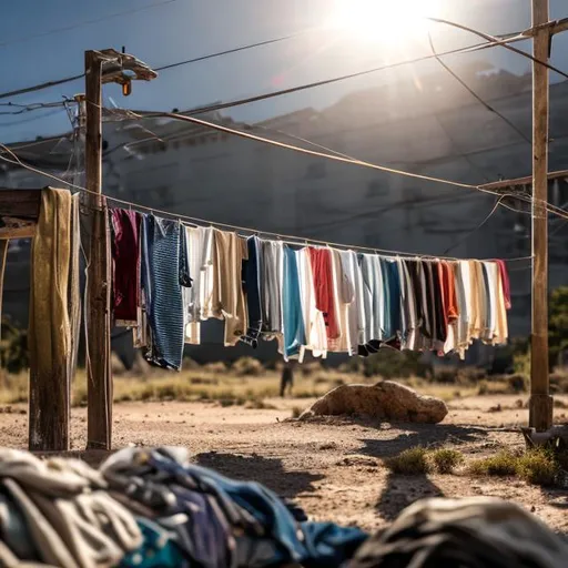 Prompt: washed clothes loaded on a high-voltage wire, extremely detailed, strong sunlight, 8K