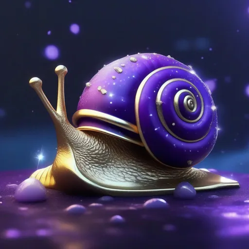 Prompt: Dark Seal Snail, gold spiked shell, purple-silver body, iridescent silver glowing slime trail, sea of stars, Masterpiece, Best Quality, in cartoon style