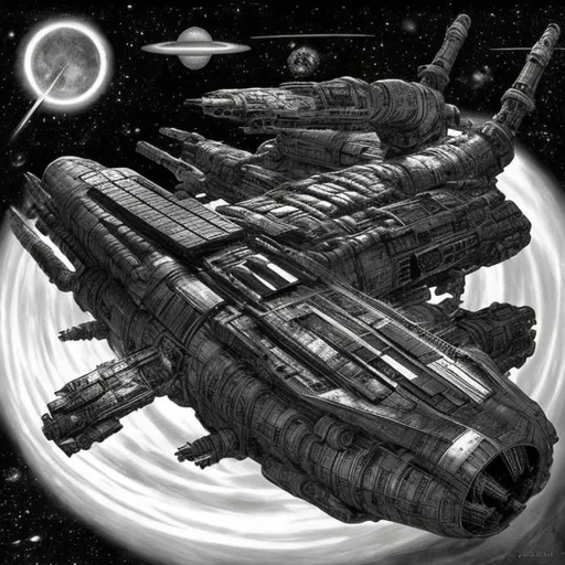 Prompt: Starship armada, dark, black and white, Manga, space, giger