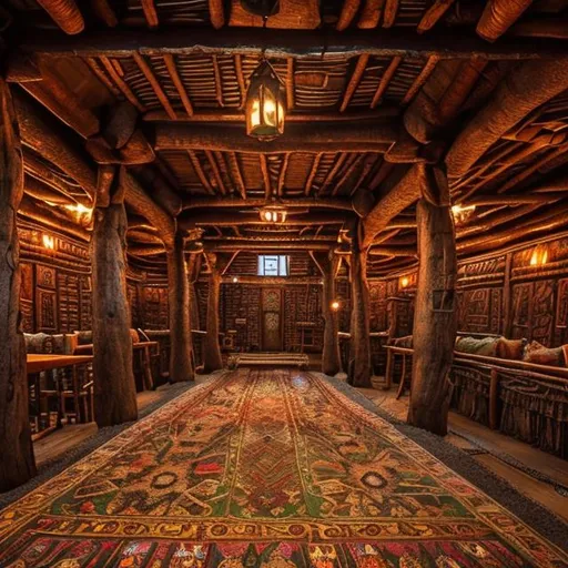 Prompt: Epic Meadhall of a wooden longhouse. A ornamented pole standing in the middle. Beautifull colorful Carpets on the floor. Carved Faces everywhere. Tribal vibes. Celtic Vibes. Shields and Spears hanging ob the Wall Photorealistic. Warm Firelights. Green an Blue Carpets. 