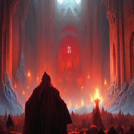 Prompt: "fantasy painting with a wizard in red robes in a surreal environment by greg rutkowski and michael whelan w 1 0 2 4"