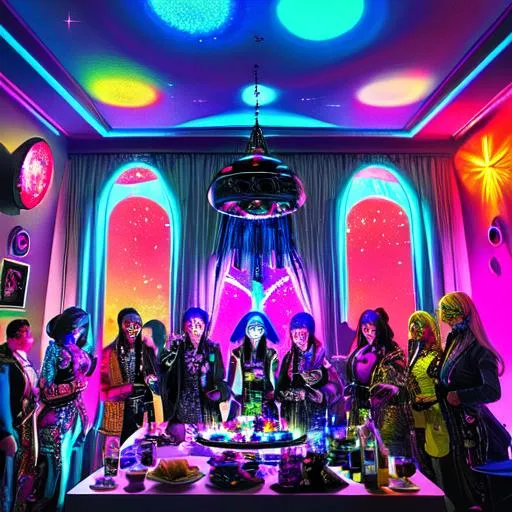 Prompt: Breathtakingly detailed Image of a UFO death cult members at a house party.  Colorful, Dark & striking image. Aesthetically Brilliant. Everything is perfectly to scale. Award winning.