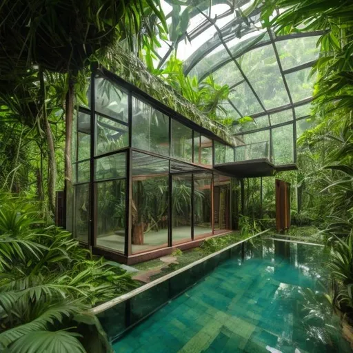 Prompt: a 1 floor glass house within jungle, photograph