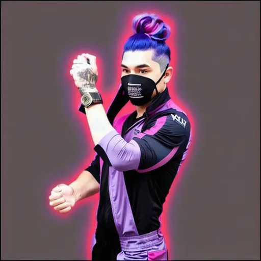 Prompt: Realistic, blue violet hair with pink highlights, man, a jumpsuit with wrinkled lavender fabric and black and red details which also contains elbow-length sleeves and is slightly unzipped around the chest area, a pink undershirt