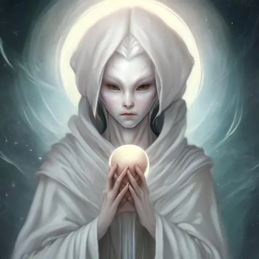 Prompt: etherial, soft, benevolent androgynous ALIEN, pale skin, soft expression, holding an orb, wearing cloak, surrounded by celestial