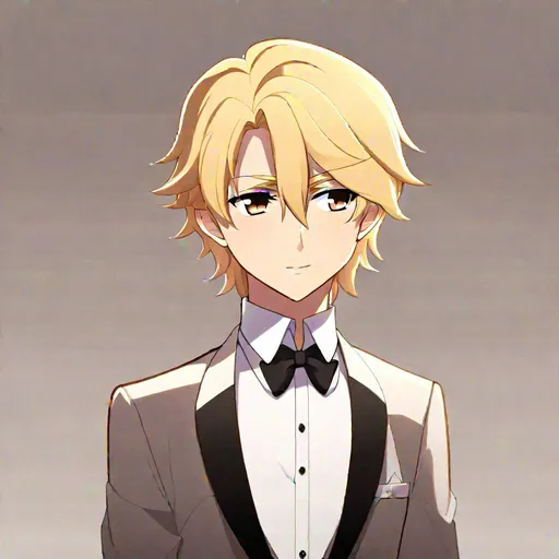 Prompt: Caleb (blonde hair) (brown eyes) wearing a tuxedo, full body, anime style