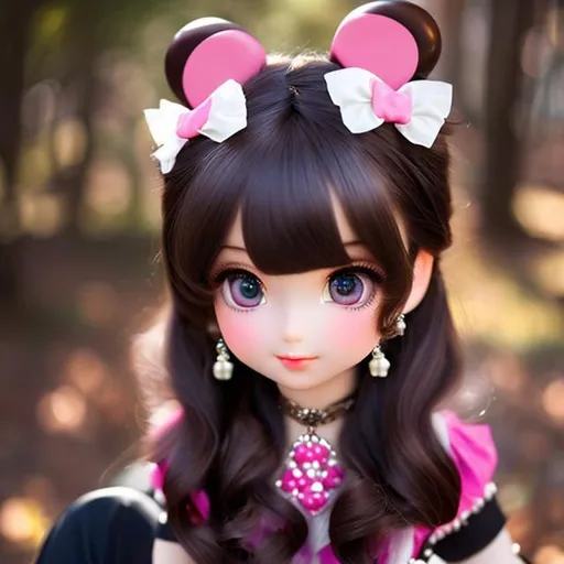 Prompt: ((sitting amongst squirrles)) is a blue-eyed girl, with chocolate pearls around neck, wrists, and on her black hair twisted inro heart shaped buns, strands of hair is tinted with pink, wesring and off  brown top with pink lace and a white of shoulder collar hanging over chest and arms, and a torn yellow skirt