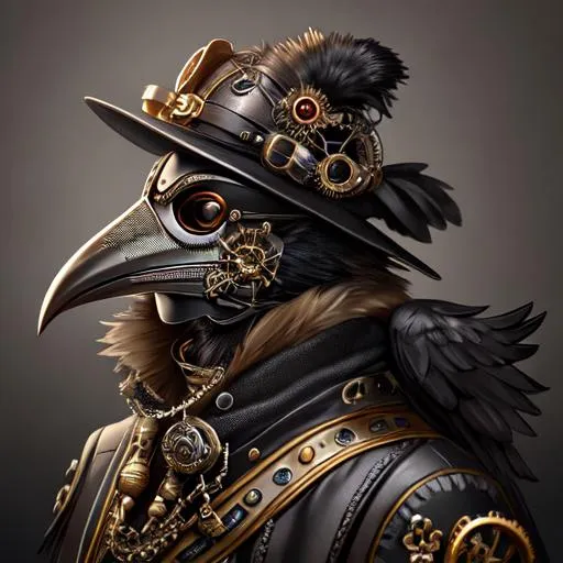 Prompt: steampunk anthropomorphic crow, black plague mask,  Artstation illustrators, intricate details, face, full body portrait, dim light, illustration, UHD, 4K