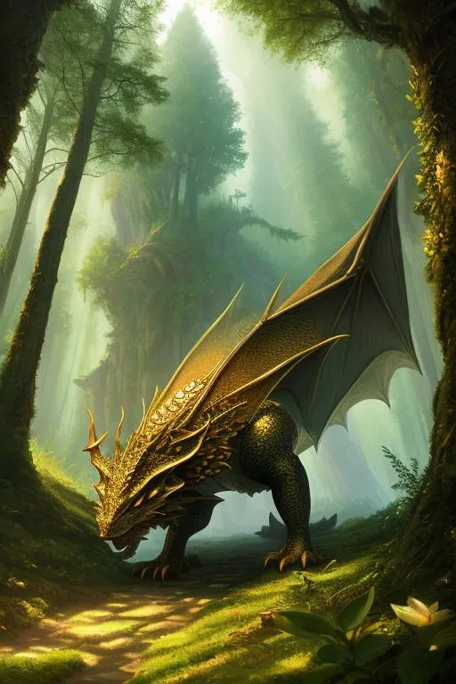 Prompt: Full-body detailed masterpiece, fantasy, high-res, quality upscaled image, perfect composition,18k composition, 16k, 2D image, cell shaded, forest dragon