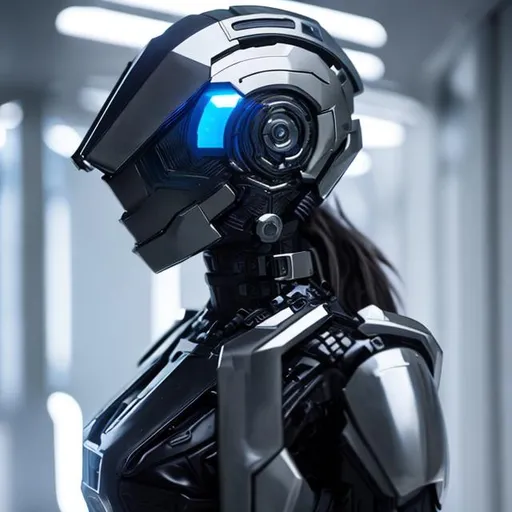 Prompt: futuristic soldier, sleek futuristic helmet, photograph by Joseph Cross, attractive lady, cybernetics, dynamic pose