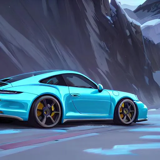 Prompt: Porsche 911 in blue, fantasy, mountain road, vivid,