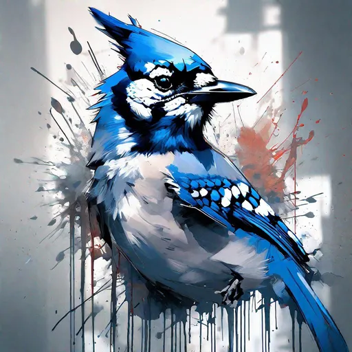 Prompt: "Ink splash blue jay. Bird Portrait. Alex maleev: Ashley Wood: Carne Griffiths: oil painting: high contrast: COLORFUL: 3D: ultra-fine details: dramatic lighting: fantastical: sharp focus: Daniel dociu: splash art: professional photography: Artur N. Kisteb: ZBrushCentral: finalRender: Unreal Engine 5: Trending on Artstation: Jeff Koons: Deep colors: deep depth of field"