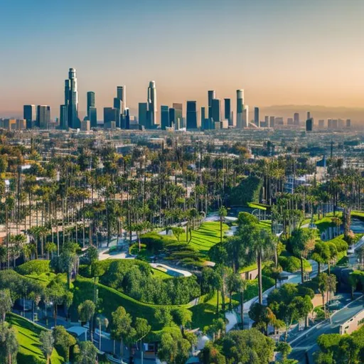 Prompt: a wide-angle photograph of los angeles, a futuristic eco-city, green trees, green grass, extreme detail, intricate buildings, intricate nature, sharp lines, cinematic lighting, hopeful future, ergonomic, human-centric, connected