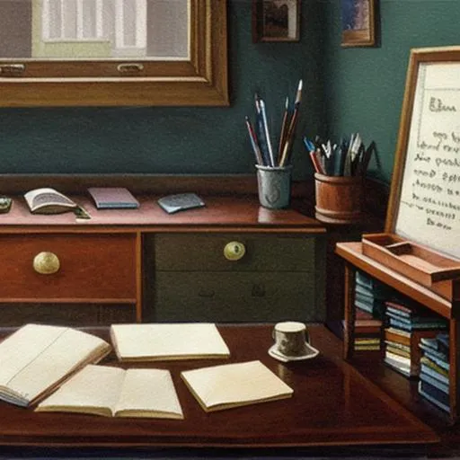 Prompt: A painting of a writer's office 