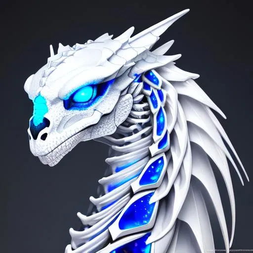 Prompt: Portrait of a white and blue black skeleton dragon with iridescent black markings and a cute face, perfect composition, hyperrealistic, super detailed, 8k, high quality, trending art, trending on artstation, sharp focus, studio photo, intricate details, highly detailed, illustration, watercolor