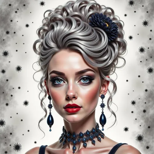 Prompt: This is a highly detailed, digital illustration of a young woman with a striking and elegant appearance. She has a light brown skin tone and striking green eyes that are accentuated with dark, well-defined eyebrows and long, thick lashes. Her lips are full and painted a soft pink. Her hair is styled in a voluminous, intricate updo with soft curls, featuring a mix of black and silver-gray strands, giving it a sophisticated and modern look.

She is wearing a black lace choker around her neck and long, dangling black teardrop earrings that add a touch of glamour. Her makeup is flawless, with a subtle blush and highlight on her cheekbones, enhancing her natural beauty. The background is a textured, abstract pattern of gray and black splatters, which contrasts with her smooth, polished appearance.

The image is rendered in a hyper-realistic digital art style, with meticulous attention to detail in the textures of her skin, hair, and jewelry. The overall composition is centered on her face, with the background elements providing a dynamic and artistic frame. The image exudes a sense of elegance and modern sophistication.