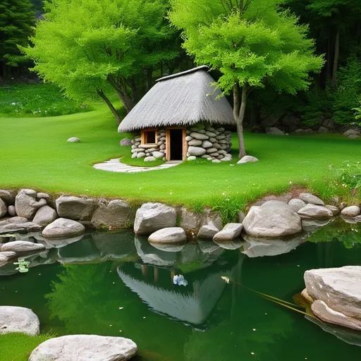 Prompt: nature, trees, pond, rocks, little hut