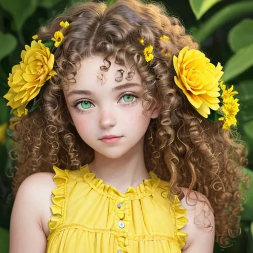 Prompt: a girl with curly hair ,green eyes,wearing yellow, large yellow flower in hair