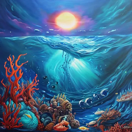 Prompt: Deep blue ocean odyssey painting