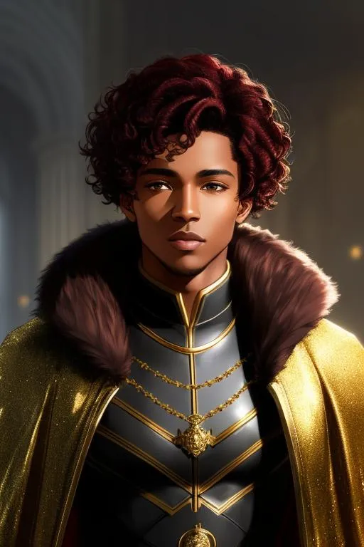 Prompt: a young Black man with short, curly, dark red hair, ash brown skin, and gray eyes, wearing a side cloak, fantasy style, soft lighting, high, wearing gold black coat, modern style, modern fashion