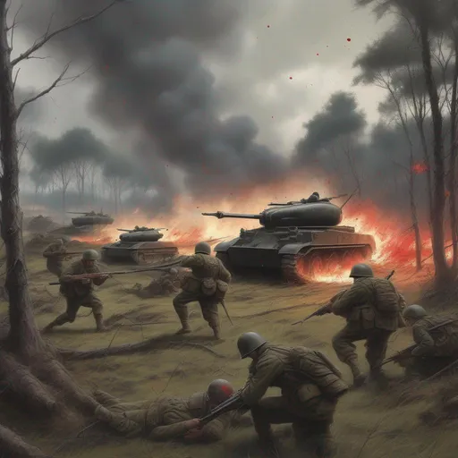 Prompt: Dark intense firefight, of tanks advancing next to woodland solders in modern Armour storming trenches in tree lines with tanks in the background
Several solders are wounded on foreground, some warriors are fighting on foreground, some blood stains on grass, clouded sky in background