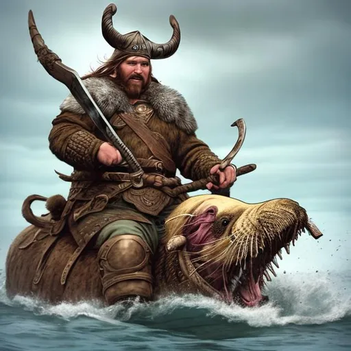 Prompt: a viking riding a walrus in battle