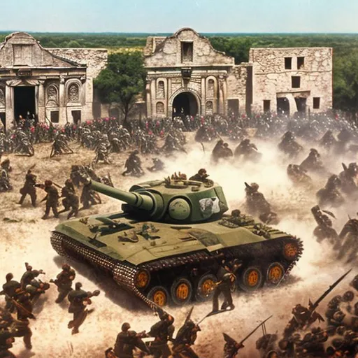 Prompt: the battle of the alamo being defended by M1 Abrahm tanks
