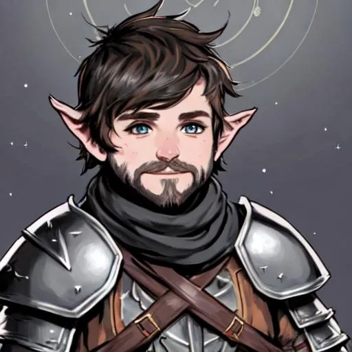 Prompt: A  D&D male halfling dressed in half plate armor with a tattered black scarf wrapped around their neck, with a stubble beard in space, with music notes floating in spectral colors, divinie light
