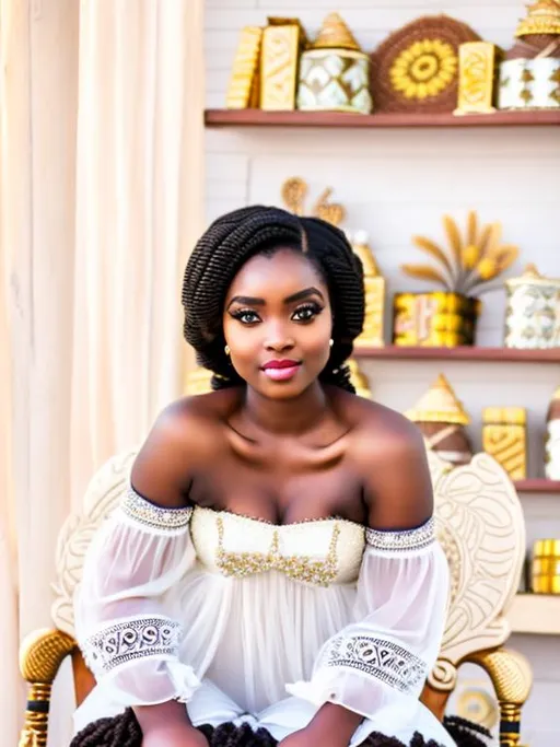 Prompt: Beautiful African queen seated on a throne, smooth soft skin, big dreamy eyes, beautiful intricate black hair, soft lighting, detailed face, curvey, tall, natural face