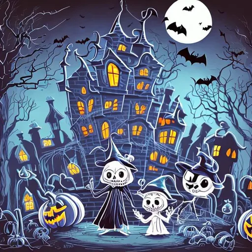 Prompt: kids illustration, spooky halloween scene with cat, cartoon style, thick lines, low detail, vivid color - ar 85:110