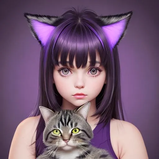 Prompt: A girl with bangs with a cute little cat with purple neon background 