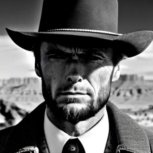 Prompt: Clint Eastwood, extremely detailed , masterpiece, 4k, hdr. cinematic, close-up , coming towards camera, monument valley