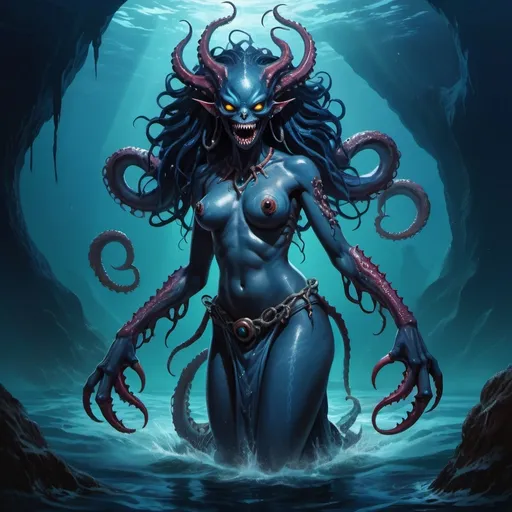 Prompt: Fantasy illustration of an the female archdemon of water and the sea, dark blue skin, tentacles, sharklike teeth, huge eerie alien eyes, wearing a loincloth, glorifying pose, in a dark distorted deepsea landscape, vibrant colors