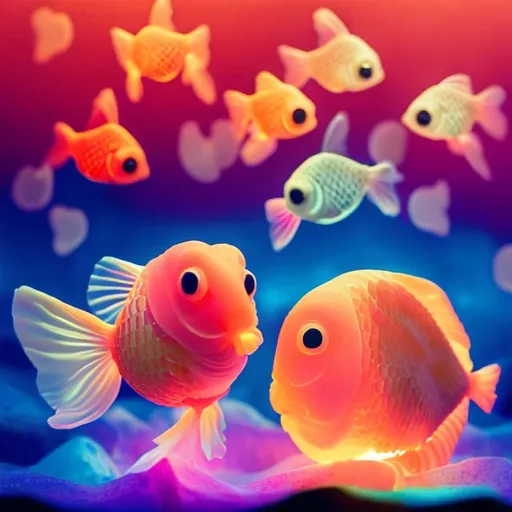 Prompt: glowing pink goldfish in the moon with rainbows
