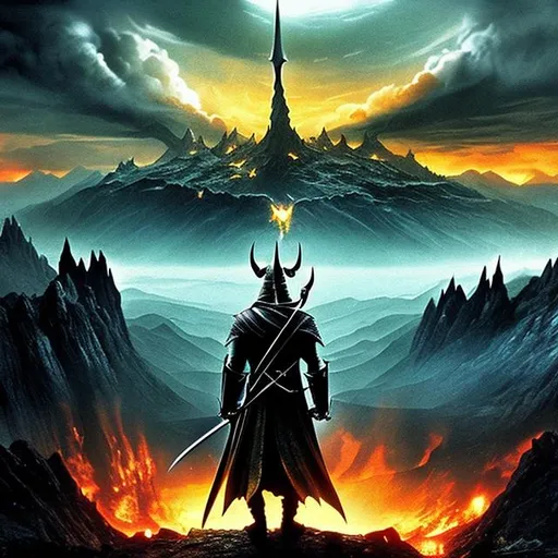 Prompt: the lord of the rings universe, sauron, holding his sword, the one ring weared and its shining, mordor landscape, epic, realistic