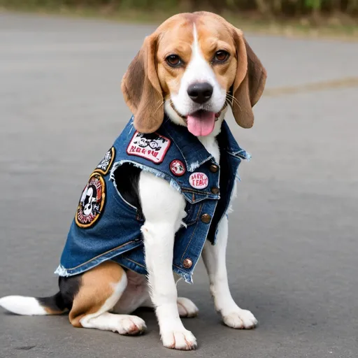 Prompt: beagle wearing a heavy metal music denim vest with patches