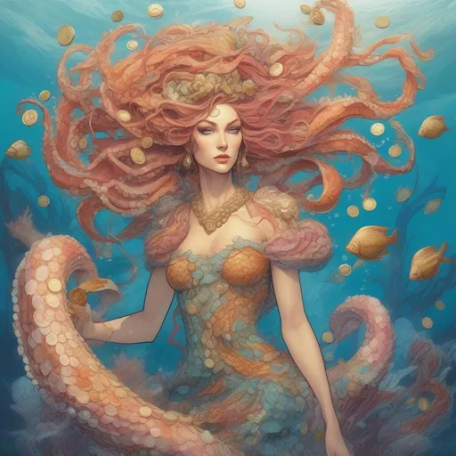 Prompt: A colourful and beautiful Persephone, in a beautiful flowing dress made of sea shells, scales, coral and gold coins, with octopus tentacles as her hair, in the ocean surrounded by fish. In a marvel comics style.