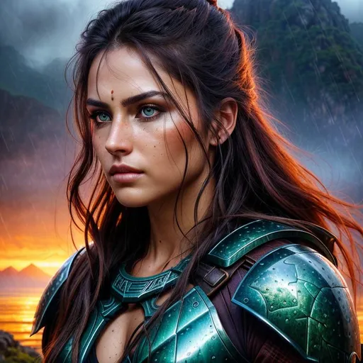 Prompt: Primal, dreamy, Epic, ominous, cinematic, 3D, HD, Beautiful!! {female}Warrior, detailed gorgeous face, Beautiful big {heart-shaped}reflective eyes, expansive Rain Forest background, sunset, ultra detailed full body artistic photography, detailed rugged Gorgeous detailed face, shadows, oil on canvas, brush strokes, ultra sharp focus, ominous, matte painting movie poster, golden ratio, epic, intricate, cinematic character render, hyper realistic, 64K --s98500