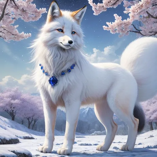 Prompt: masterpiece, epic oil painting, highly detailed, UHD character, UHD background, beautiful Adolescent fox, 2-foot (quadrupedal canine), female fox, big dreamy sapphire eyes, 8k eyes, fuzzy blue-white pelt, presenting magical sapphire jewel, blossoming sakura trees, calm, plump, cold, anime eyes, billowing white mane, frost on face, frost on fur, beautifully detailed fur, beautifully detailed eyes, beautifully detailed defined face, beautifully detailed background, full body focus, 8k, 16k, intricate detail, highly detailed fur, glistening silver fur, fur sparkling in sun, Anne Stokes, Yuino Chiri, cinematic, highly detailed mouth, unreal engine, artstation, deviantart, intricate facial detail