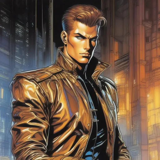 Prompt: A masculine scifi european cyborg soldier. very short bright brown slicked back pompadour undercut hair with shawed sides and light chestnut highlights, round face, broad cheeks, glowing eyes, wearing a black retro futuristic leather jackett with borg armour underneath, Ghost in the shell art. Masamune Shirow art. anime art. Leiji Matsumoto art. Akira art. Otomo art. 2d. 2d art.