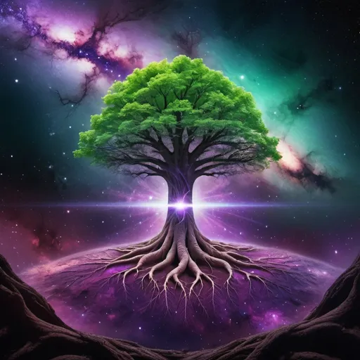 Prompt: Spiritual Tree located in the nebula galaxy with long roots deep within the green earth, galaxy colorful leaf with the light trying to escape black hole, purple light