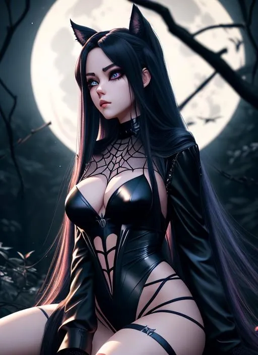 Prompt: Beautiful half-girl, half-spider creature with long hair sitting on a web in a dark forest.  she wears lewd dark outfitt. Use a dark color palette and add a full moon in the background, Artgerm, CryEngine, Octane Render, 8k, symmetrical face, accurate anatomy ultra detailed face, very ((Masterpiece)), Generate a unique and visually stunning eye design Experiment with different generative design techniques and AI algorithms to create an eye that is both aesthetically pleasing and distinctive. Use colors, textures, and lighting effects to create an eye design that captures the viewer's attention and imagination, 