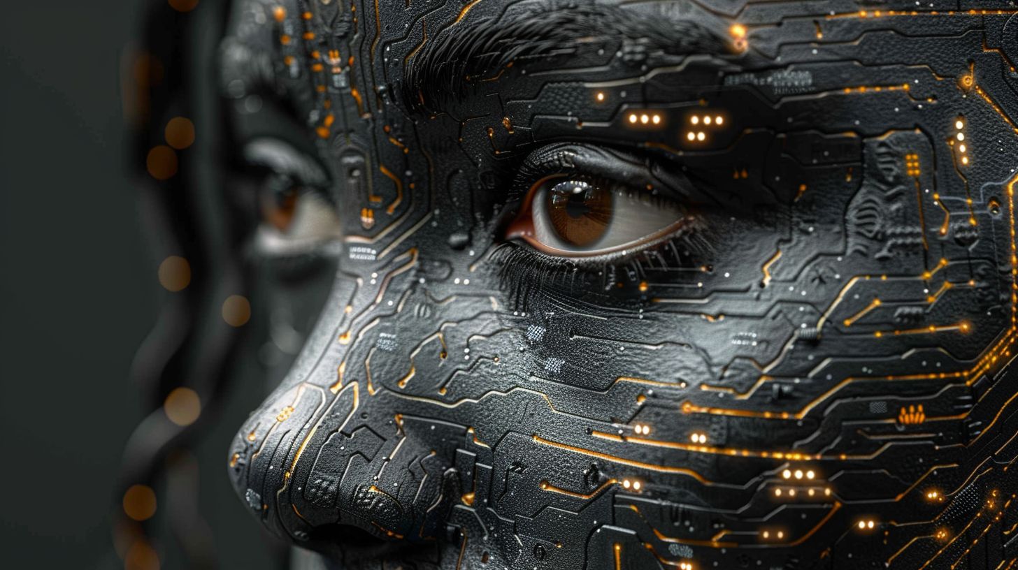 Prompt: 3d female face entwined with circuitry,, dark silver and onyx palette, afrofuturistic aesthetic, ornate circuitry-inspired body-art, digital fragmentation, android-esque elements, sleek latex composition, minimalist textural approach