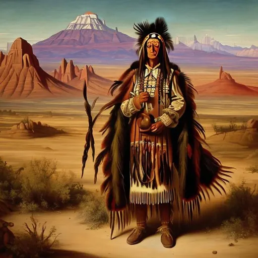 Prompt: Renaissance style oil painting of George Catlin style southwestern Indian chief in the desert 