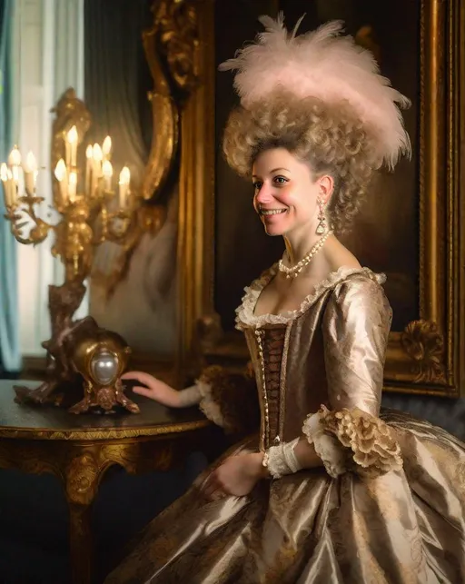 Prompt: An elegant Polish noblewoman in an ornate Rococo-era gown poses in a lavish drawing room. Her powdered hair is styled high in voluminous curls adorned with pearls. She smiles coyly, one hand adjusting a feathered hat. Oil paintings in gilded frames hang on damask walls behind her. Shot using Rembrandt lighting, baroque ambiance.