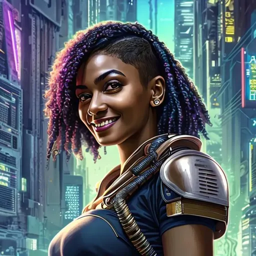 Prompt: attractive hot late-twenties african egyptian woman female, medium-brown skin, smile, spiked haircut, government uniform, cyberpunk futuristic tropical, portrait, realistic details, photorealistic, 8k render, cinematic lighting, ultra detailed